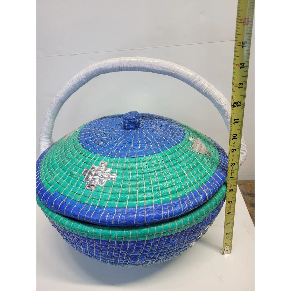 Hand Woven Round Basket with Lid and Handle Blue Green Decorative Storage Accent